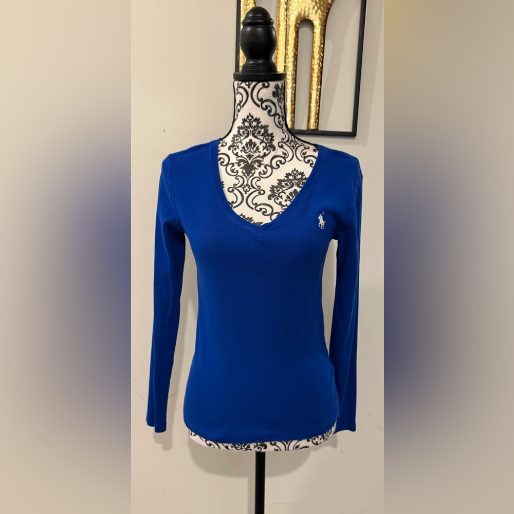 Polo by Ralph Lauren Women's Royal Blue V-Neck Long Sleeve Tee